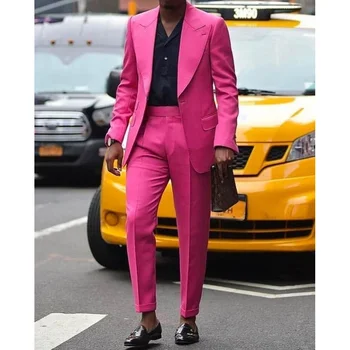 Мода горещи розови мъже костюми сватба Terno облекло еднореден връх ревера двойни джобове 2 парче яке панталони тънък годни