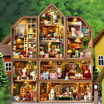 Нов DIY мини заек град Casa дървени кукли къщи миниатюрни строителни комплекти с мебели кукла къща играчки за момичета рожден ден