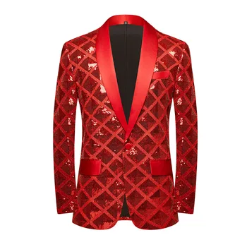 Мъжки лъскави червени пайети костюм яке нетактичност тънък годни един бутон смокинг блейзър мъже парти сватба DJ клуб сцена певец костюми