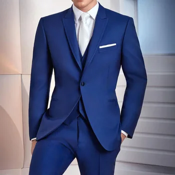 Кралско синьо сватба смокинг за младоженец носят бизнес мъже костюми 3 парче тънък годни връх ревера мъжки мода яке с панталони жилетка