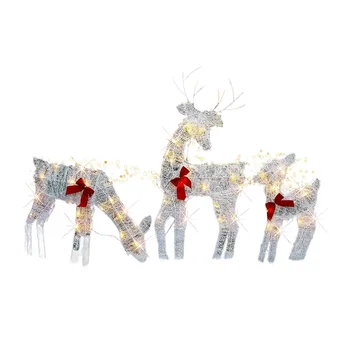 Комплект от 3 осветени коледни 2D елени Външни декорации, предварително осветена светлина Коледа Rudolph & Santa Sleigh със светлини