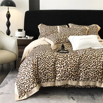Кафяво леопардово спално бельо Четкан лиоцел&памучен спален комплект кралски размер плосък лист завивка покритие комплект геометрични модерен домашен текстил