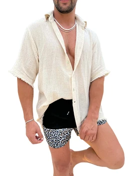 Мъжки плътен цвят бутон надолу къс ръкав плажна риза с обръщане надолу яка - стилен и случайни лятна почивка отгоре за
