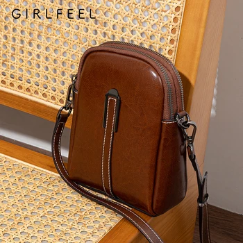 Hxl мода двоен цип пратеник телефон чанта ретро рамо чанта естествена кожа дамска чанта
