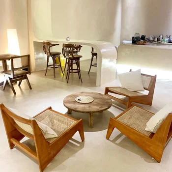Cafe lounge зона, дивани, десерт магазин, японски ратан масивна дървесина маса и стол комбинация