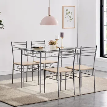 Кухненска маса за хранене за 4, 5 броя малка трапезария със столове, полирана сребърна