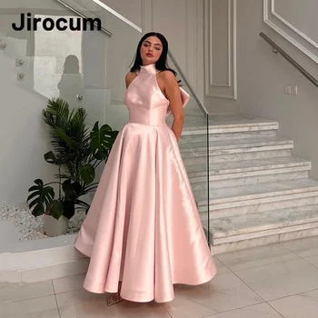 Jirocum розова абитуриентска абитуриентска рокля дамска сатенена принцеса оглавник врата парти вечерна рокля с лък глезена дължина Официални рокли за повод