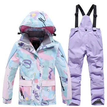 Girls Ski Suit Winter Outdoor Windproof Waterproof Print Children's Thicken Warm Ski Jacket And Snowboard Pants Set