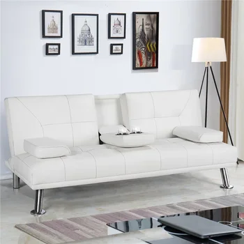 LuxuryGoods Модерен изкуствен кожен футон сгъваем разтегателен диван с възглавници и поставки за чаши