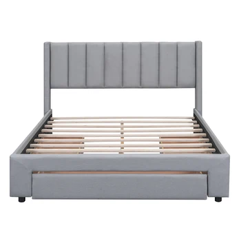 Queen Размер тапицирано платформено легло с едно голямо чекмедже в стъпалото и чекмедже от всяка страна, сиво
