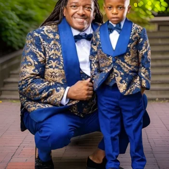 Баща и син Жакардови костюми за мъже Сватбен младоженец Смокинг Детски рожден ден Абитуриентски бал Официални екипи Комплекти 3 броя 2024