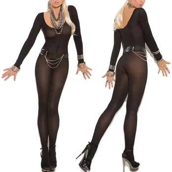 Чорапогащник Дамски черен копринен секси прозрачен чорапогащник дълъг ръкав съблазняване комплект секси жени бельо babydoll теди тяло