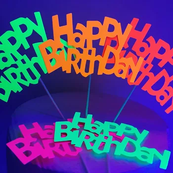 Neon Happy Birthday Cupcake Toppers UV Reactive Happy Birthday Cupcake Toppers Glow Party Supplies Декорация за рожден ден