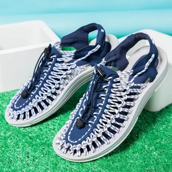 Летни мъжки сандали Мода Ръчно изработени тъкане дизайн плажни сандали дишащи ежедневни плоски сандали на открито двойки сандали размер 48