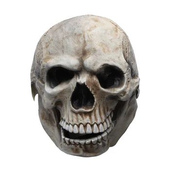 Пълна глава череп маска Устата може да се движи Хелоуин ужас възрастен череп маска обитаван от духове къща атмосфера декор подпори челюст латекс маска