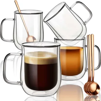 Двойни стъклени чаши за кафе, 12 OZ прозрачни стъклени чаши за кафе Двойна изолирана стъклена чаша за кафе, стъклени чаши за топли напитки