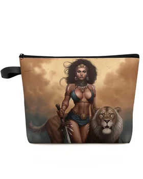 Lion Woman Primitive Tribe Средновековие Африка Козметична чанта Съединител шаферка Пътуване на открито Красота грим чанта Парти червило чанта