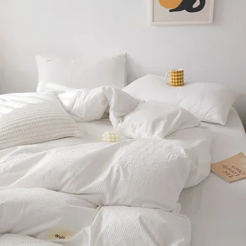 Спални комплекти Ins прост плътен цвят легло три части вафла памук юрган покритие студент общежитие четири части легло лист спално бельо