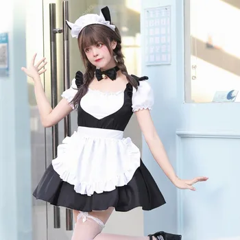 черен сладък Лолита котка прислужница рокля костюми косплей котка момиче прислужница рокля костюм за сервитьорка прислужница парти сценични костюми S -5XL