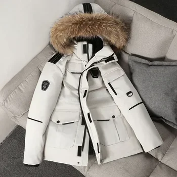 Зимно пухено яке Мъже 90% палто от бяла патица Палто със средна дължина Кожена яка Мъжко сгъстяване на сняг Палто -30 градуса Поддържайте топло