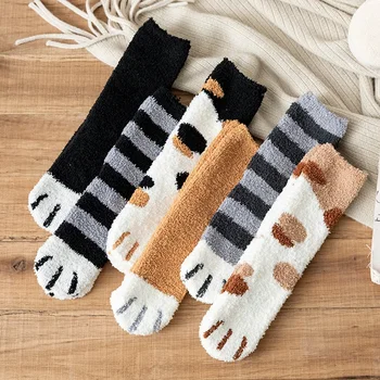 Дамски зимни чорапи Дебели коралови руно Топли чорапи Животинска котка лапа Сладки чорапи Момичета Меки подови чорапи