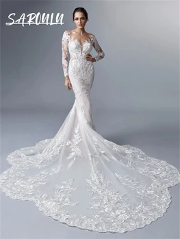 Романтична дантелена русалка дълга булка рокля с дълги ръкави тюл отвесни врата сватбени рокли за жени 2024 по поръчка