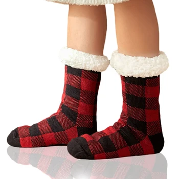 MOJITO карирани полар сняг чорапи Дамски зимни сгъстяващи топли домашни чорапи от агнешка вълна Чорапи за възрастни червени чехли Чорапи Честита Нова Година 2023