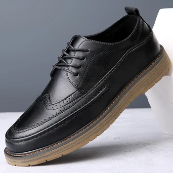 Мъже Британски ежедневни кожени обувки Дантела нагоре Удобна мода Кожена обувка Мъже Ежедневни бизнес ежедневни обувки Официални мъжки обувки