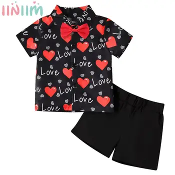 Infant Boys Valentines Day Gentleman Suit Heart Print Bow Shirt Top with Shorts Birthday Party Wedding Photography Clothes Set