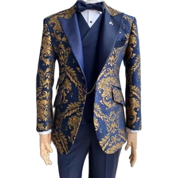 Жакард флорални смокинг костюми за мъже сватба тънък годни тъмносин и злато джентълмен яке с жилетка Pant 3 парче мъжки костюм
