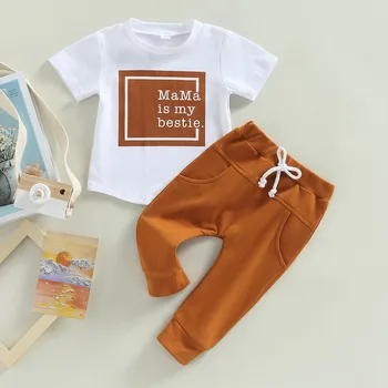 Новородено бебе момчета панталони комплект летни дрехи 2023 къс ръкав писма тениска ластик Sweatpants 3 месеца до 3 години