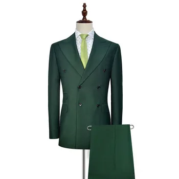 Плътен цвят зелен костюм мъже нетактичност екипировки двойно гърди връх ревера елегантен младоженец две части яке панталони обичай Ropa Hombre