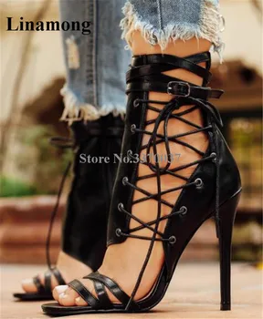 2018 Нова мода жени очарователни отворени пръсти страна дантела нагоре гладиаторски сандали изрязани кожа висок ток сандали рокля обувки