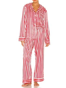 Дамски коледен пижамен комплект раирана риза с дълъг ръкав с панталони Спално облекло Шезлонги