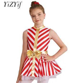 Детски момичета балет Тутус Коледа Санта бонбони тръстика печат костюм без ръкави папийонка рокля трико парти изпълнение танцово облекло