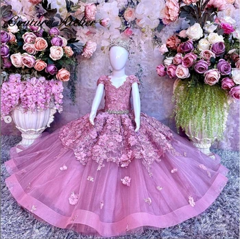 Дантелени апликации Къс ръкав цвете момичета рокля за сватбено тържество вечерни рокли деца Fromal абитуриентски рокли 3D цветя принцеса роба