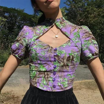 Лилаво готически реколта печат Crop Top летни дрехи за жени корсет секси изрязани къс ръкав бутон нагоре T ризи 90s естетически