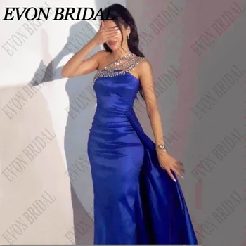 EVON BRIDAL Арабска кристална вечерна рокля с едно рамо русалка فستان حفلات الزفاف Royal Blue Dubai Satin Официална рокля за повод