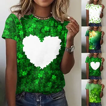 Празнично тържество тениска детелина 3D печат графичен жените тениска зелен графичен тениски за жени O-образно деколте къс ръкав St Pat