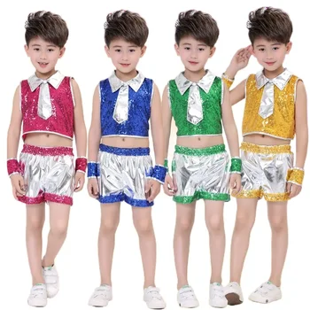 пърформанс детски момчета танцови дрехи детски модерен костюм джаз момичета хип-хоп пайети