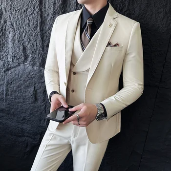 висок клас мъжки сватбен костюм с един бутон (костюм + жилетка + панталони) Бизнес плътен цвят тънък годни корейски моден костюм 3/2-парче комплект