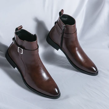 английски стил мъжки ботуши от естествена кожа заострени къси ботуши мъжки ботуши Челси ботуши тенденция високи топ обувки зимни бизнес ботуши