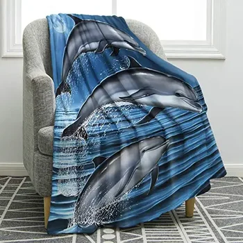 Фланела кит делфини одеяло пухкав океан животински печат супер мека топло хвърлят одеяло за легло диван размита плюшена покривка