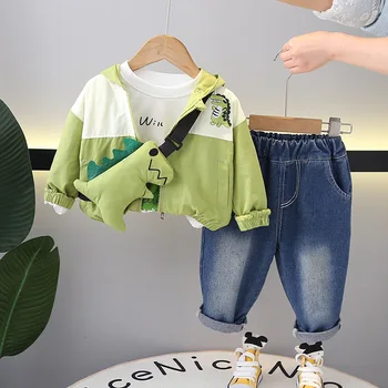 Детски костюми 2024 Пролетна мода Ежедневни шевове Динозавърски якета с качулка с дълъг ръкав + Бели тениски + Панталони Дрехи за момчета