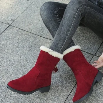 Есен Зима дамски обувки плюшени глезена ботуши топла кожа дамски обувки ретро обратно цип нисък ток къси ботуши твърди ежедневни памучни обувки