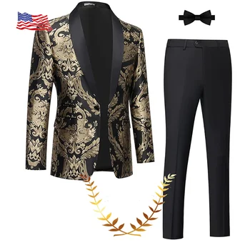 Златен бродиран мъжки костюм от 2 части Комплект висококачествени официални панталони за яке Сватбен смокинг елегантен мъжки блейзър