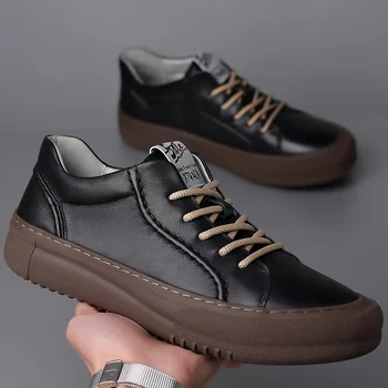Класически мъжки маратонки All-Match Черни дишащи външни апартаменти Мода Младежки Бели ежедневни обувки Луксозна естествена кожа Мъжка обувка