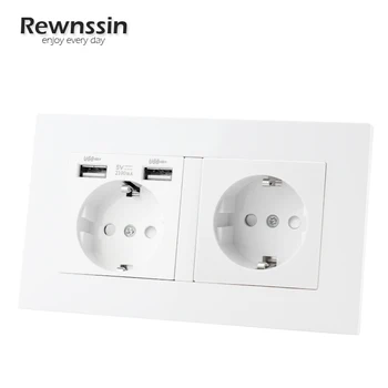 Rewnssin EU Power Socket с USB, двойни стенни контакти, 16A 110 ~ 250V, Dual Plug PC Бяла черна рамка Електрически контакти Зареждане