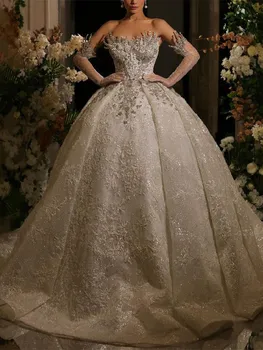 Луксозна бална рокля Сватбени рокли Дълги ръкави Bateau пайети мъниста апликации дантелени перли диаманти булчински рокли Vestina de Novia