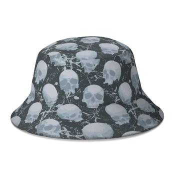 Зловещи човешки черепи череп кофа шапка за жени мъже тийнейджър сгъваем боб рибар шапки панама шапка есен